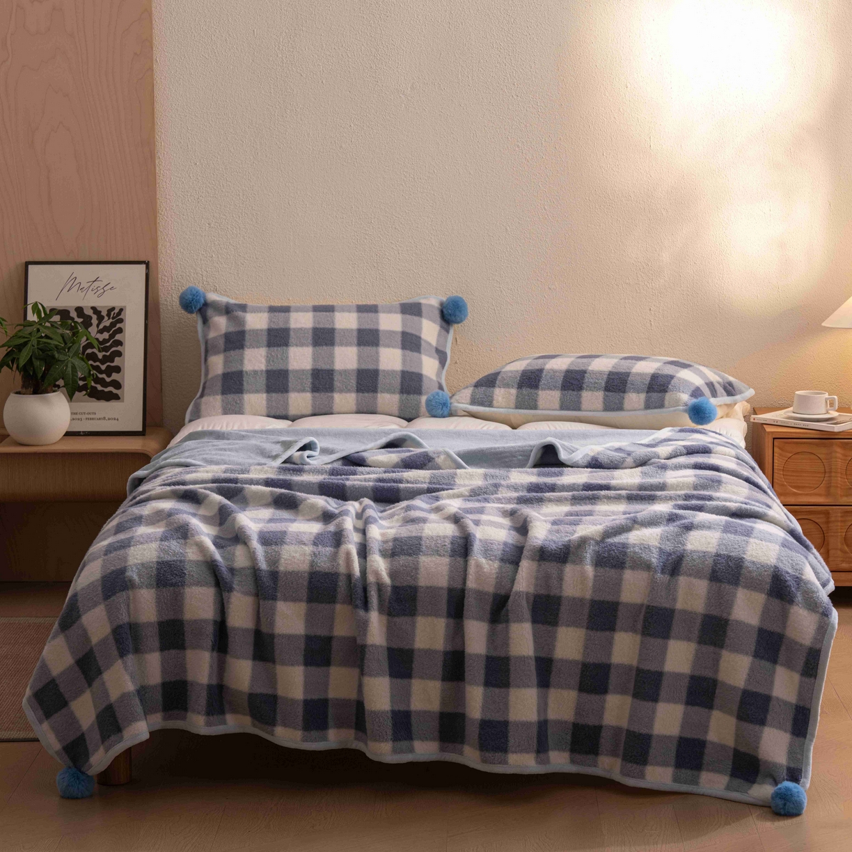 91家纺网 家纺一手货源 找家纺 寐居家纺 2025新款羊圈绒双层复合毛毯毯子 方格-蓝