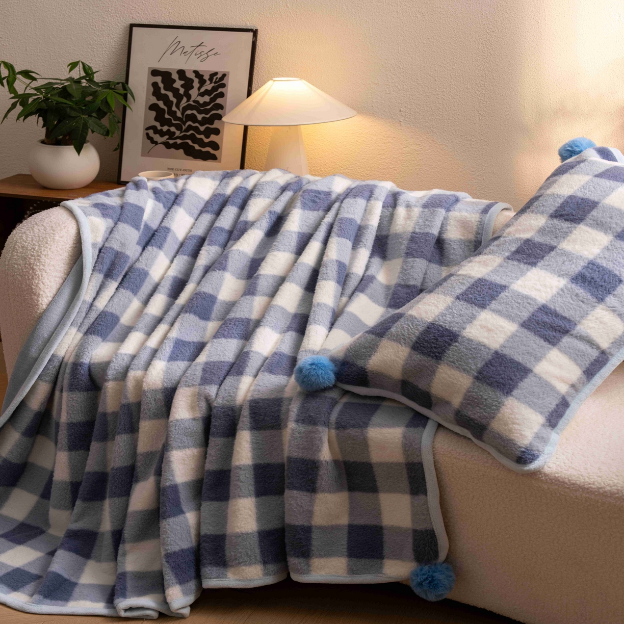 91家纺网 家纺一手货源 找家纺 寐居家纺 2025新款羊圈绒双层复合毛毯毯子 方格-蓝