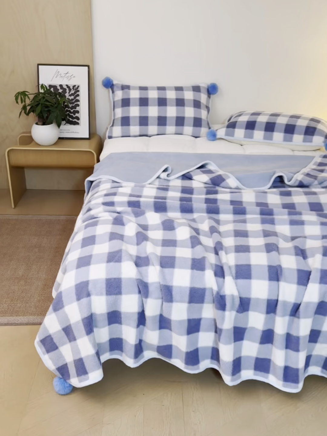 91家纺网 家纺一手货源 找家纺 寐居家纺 2025新款羊圈绒双层复合毛毯毯子 方格-蓝