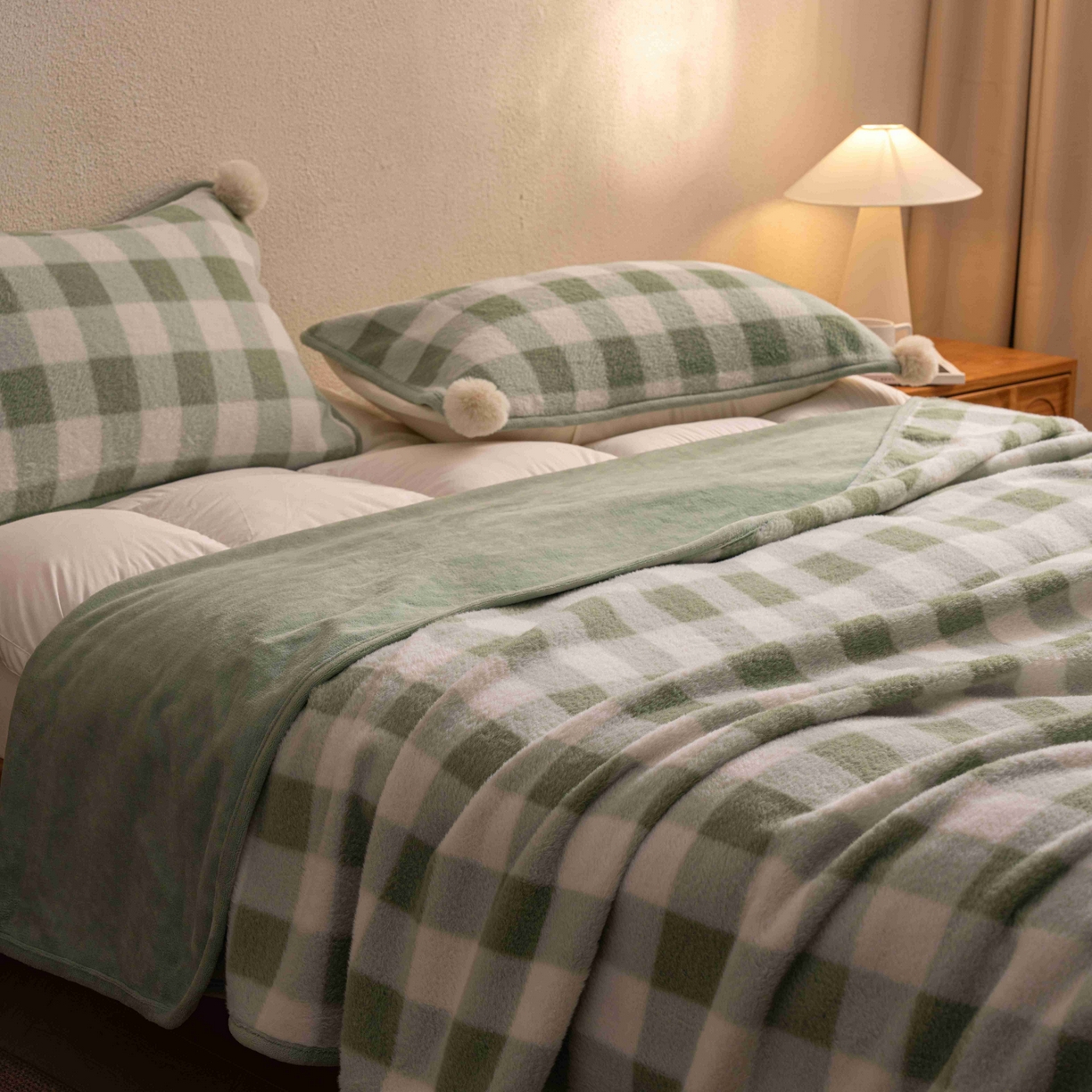 91家纺网 家纺一手货源 找家纺 寐居家纺 2025新款羊圈绒双层复合毛毯毯子 方格-绿