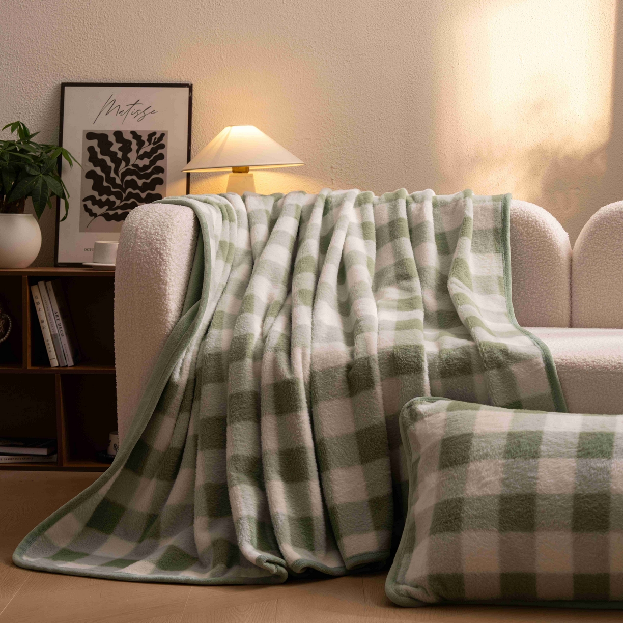 91家纺网 家纺一手货源 找家纺 寐居家纺 2025新款羊圈绒双层复合毛毯毯子 方格-绿