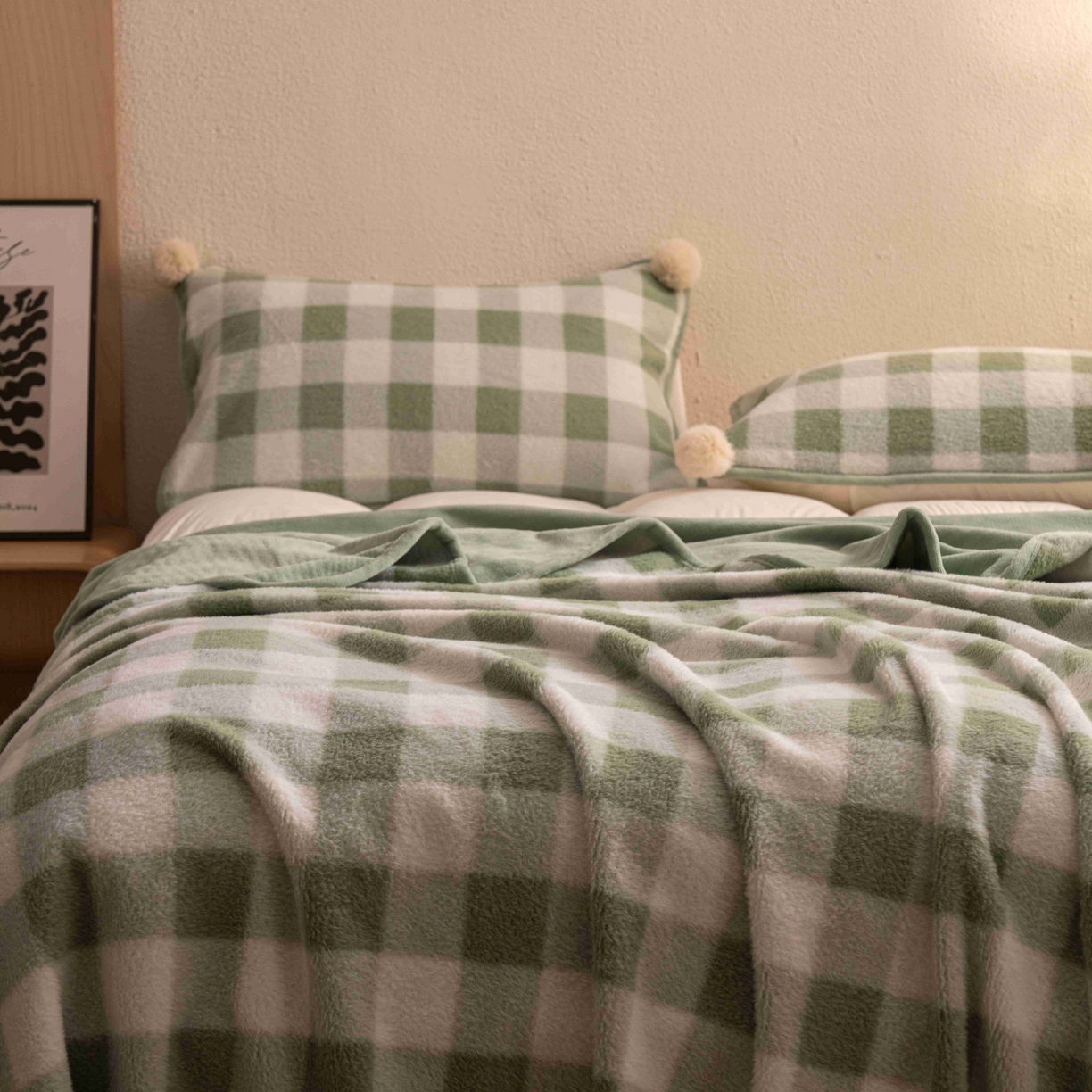 91家纺网 家纺一手货源 找家纺 寐居家纺 2025新款羊圈绒双层复合毛毯毯子 方格-绿