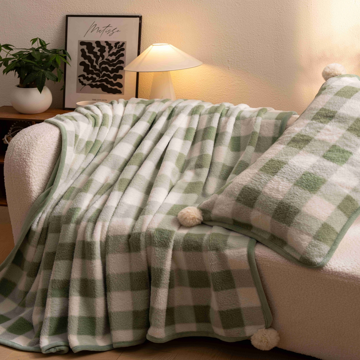 91家纺网 家纺一手货源 找家纺 寐居家纺 2025新款羊圈绒双层复合毛毯毯子 方格-绿