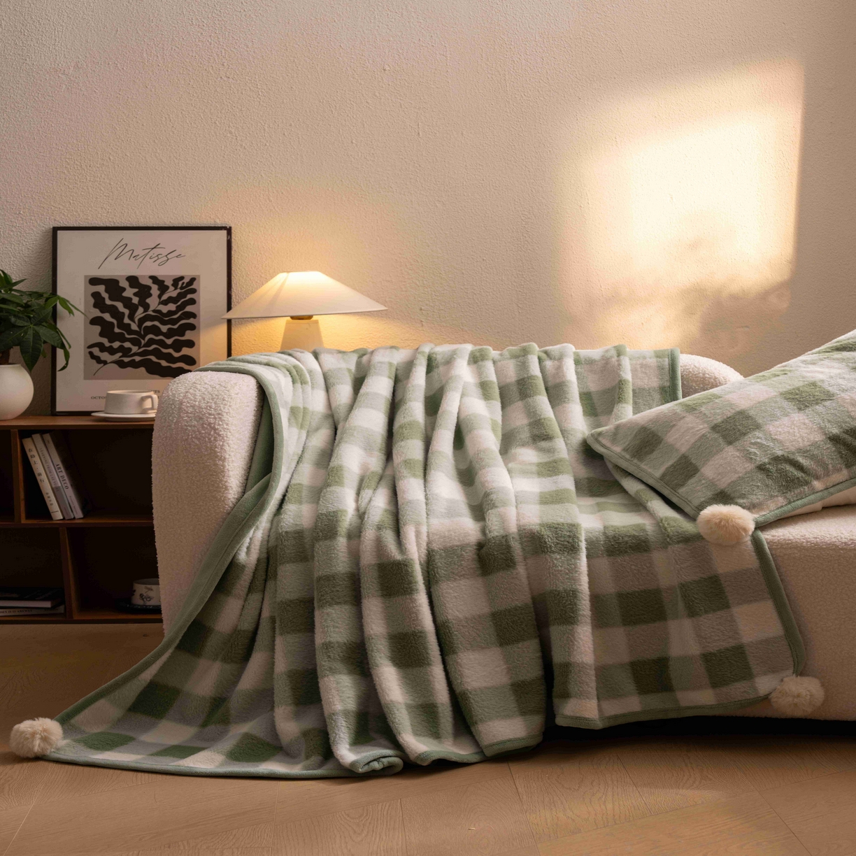 91家纺网 家纺一手货源 找家纺 寐居家纺 2025新款羊圈绒双层复合毛毯毯子 方格-绿