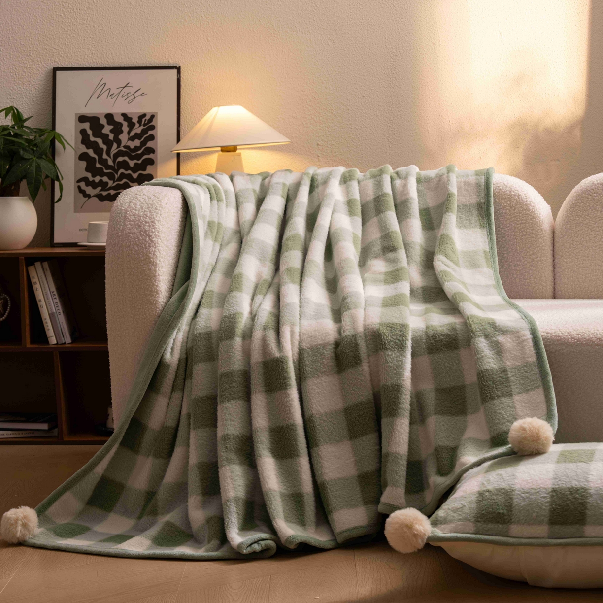 91家纺网 家纺一手货源 找家纺 寐居家纺 2025新款羊圈绒双层复合毛毯毯子 方格-绿