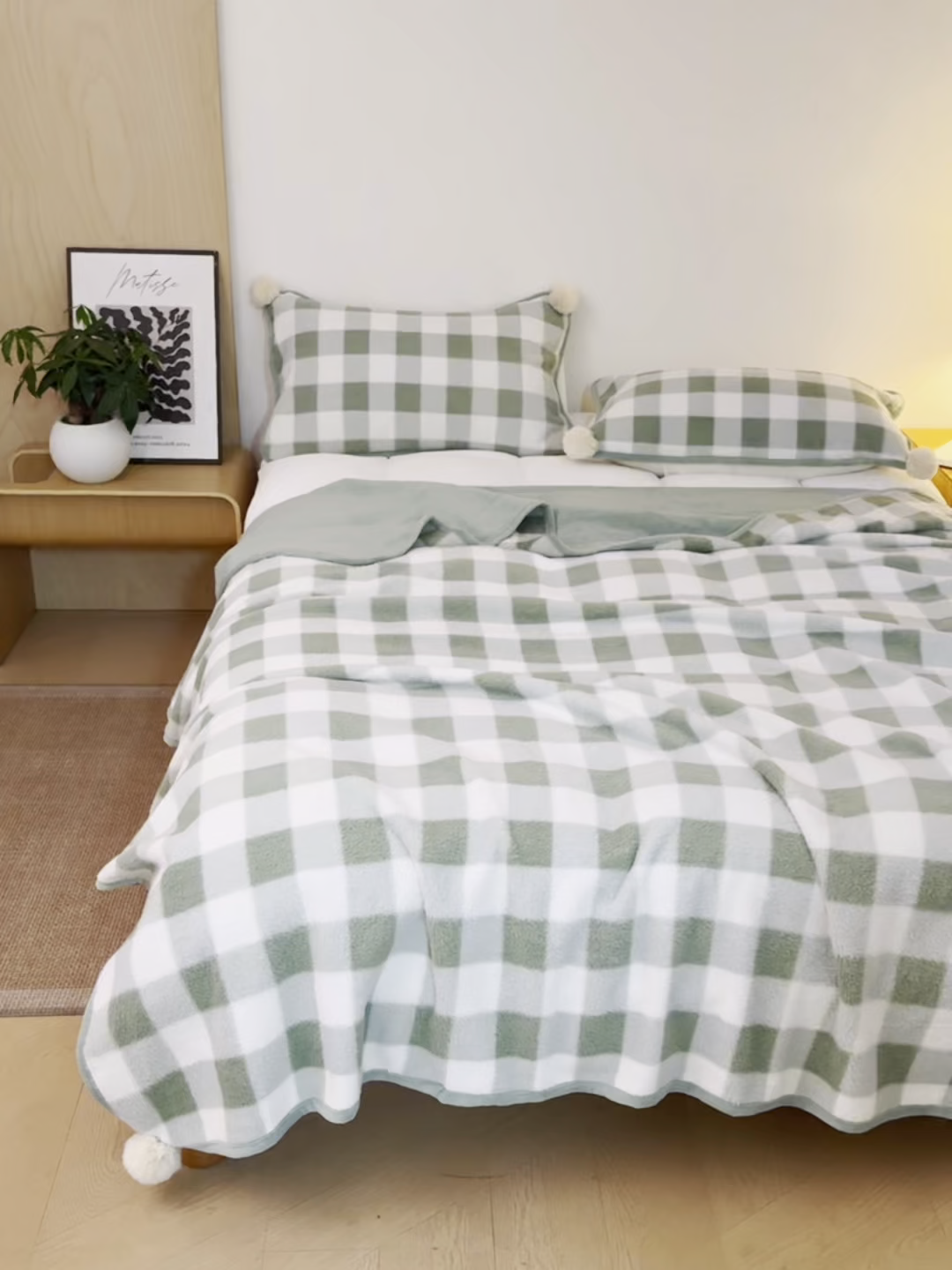 91家纺网 家纺一手货源 找家纺 寐居家纺 2025新款羊圈绒双层复合毛毯毯子 方格-绿