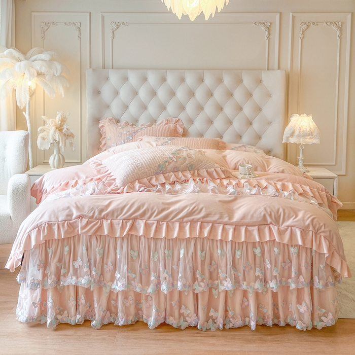 91家纺网 家纺一手货源 找家纺 （总）瑞宝 2025新款宝宝绒重工刺绣花边床裙四件套-梦蝶（控价 318起）