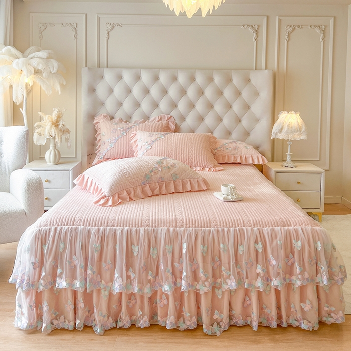 91家纺网 家纺一手货源 找家纺 （总）瑞宝 2025新款宝宝绒重工刺绣花边床裙四件套-梦蝶（控价 318起）