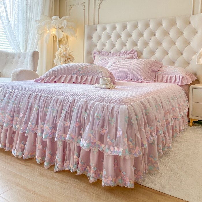 91家纺网 家纺一手货源 找家纺 瑞宝 2025新款宝宝绒重工刺绣花边床裙四件套-梦蝶 梦蝶-香芋紫（控价 318起）