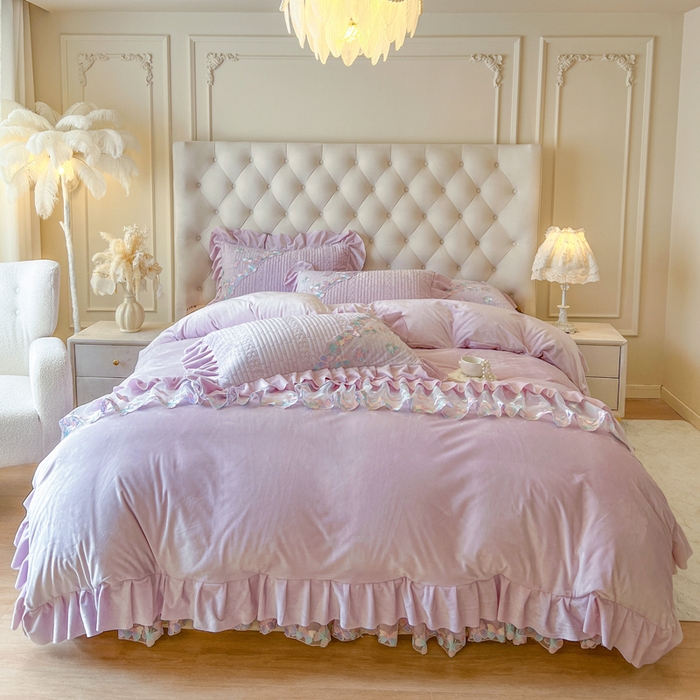 91家纺网 家纺一手货源 找家纺 瑞宝 2025新款宝宝绒重工刺绣花边床裙四件套-梦蝶 梦蝶-香芋紫（控价 318起）