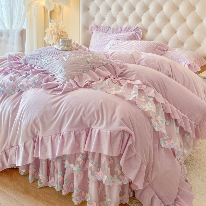 91家纺网 家纺一手货源 找家纺 瑞宝 2025新款宝宝绒重工刺绣花边床裙四件套-梦蝶 梦蝶-香芋紫（控价 318起）