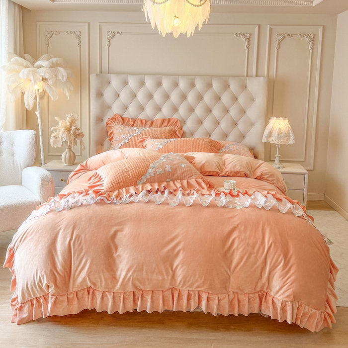 91家纺网 家纺一手货源 找家纺 瑞宝 2025新款宝宝绒重工刺绣花边床裙四件套-梦蝶 梦蝶-艾玛橙（控价 318起）