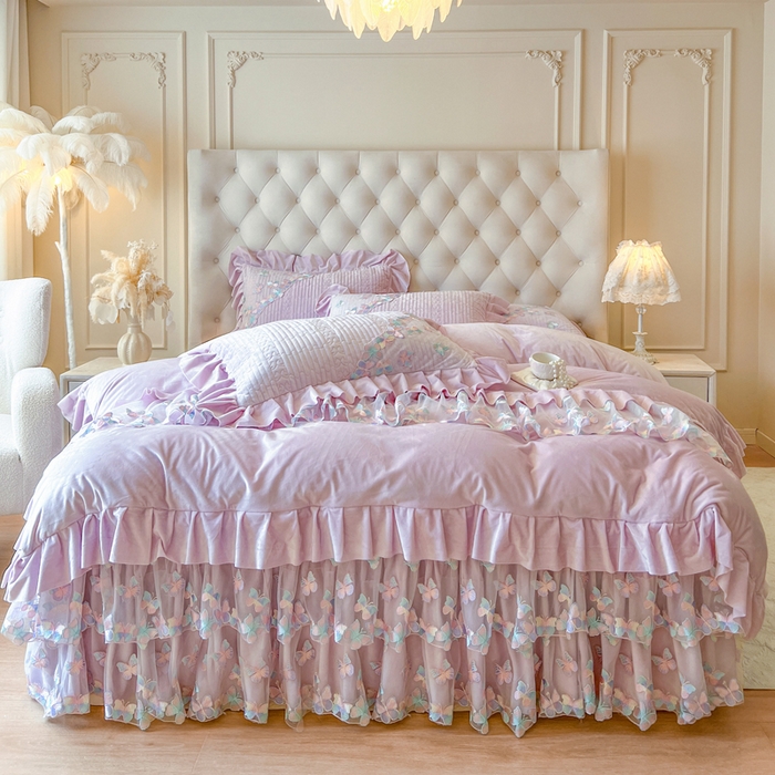 瑞宝 2025新款宝宝绒重工刺绣花边床裙四件套-梦蝶 梦蝶-香芋紫（控价 318起）