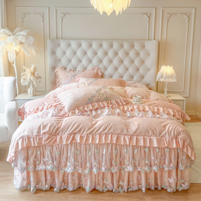 瑞宝 2025新款宝宝绒重工刺绣花边床裙四件套-梦蝶 梦蝶-蜜粉（控价 318起）