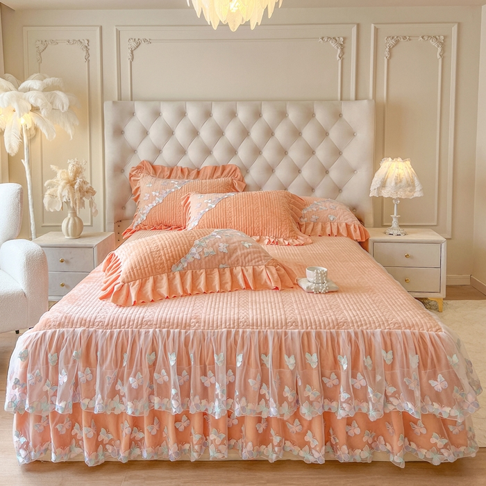 91家纺网 家纺一手货源 找家纺 瑞宝 2025新款宝宝绒重工刺绣花边床裙四件套-梦蝶 梦蝶-艾玛橙（控价 318起）