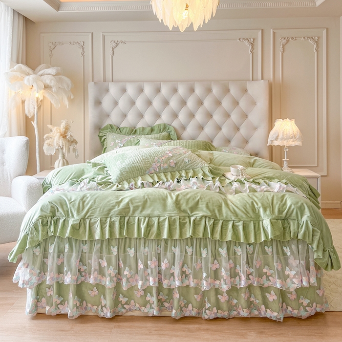 瑞宝 2025新款宝宝绒重工刺绣花边床裙四件套-梦蝶 梦蝶-豆绿（控价 318起）