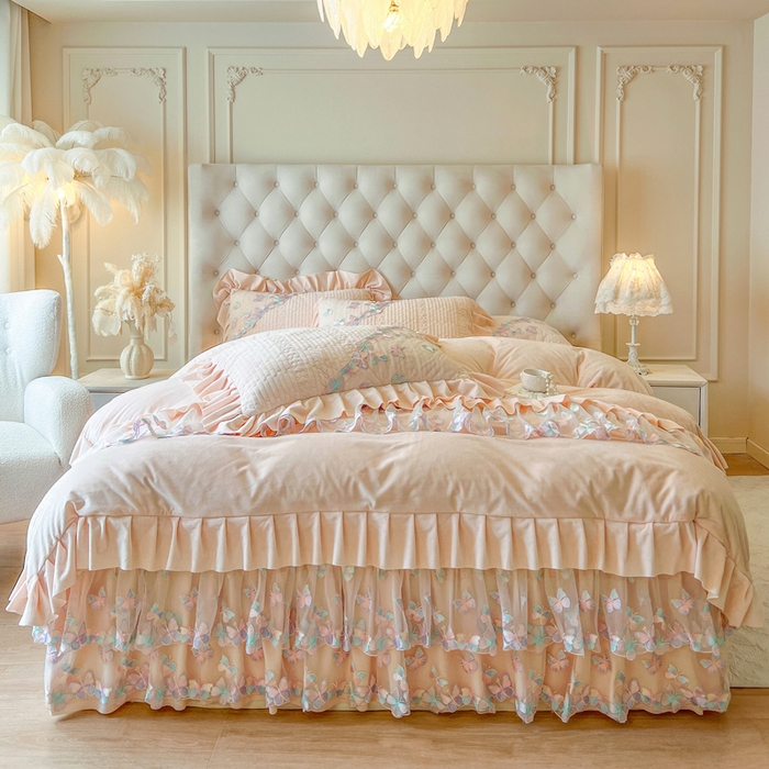 91家纺网 家纺一手货源 找家纺 瑞宝 2025新款宝宝绒重工刺绣花边床裙四件套-梦蝶 梦蝶-浅透玉（控价 318起）