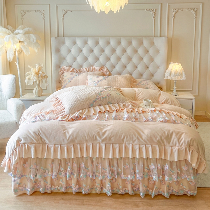 瑞宝 2025新款宝宝绒重工刺绣花边床裙四件套-梦蝶 梦蝶-浅透玉（控价 318起）