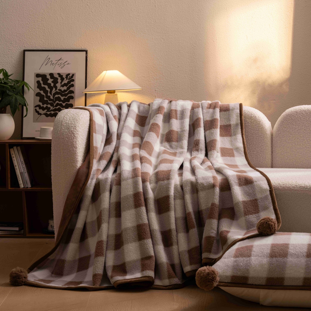 91家纺网 家纺一手货源 找家纺 寐居家纺 2025新款羊圈绒双层复合毛毯毯子 方格-浅咖