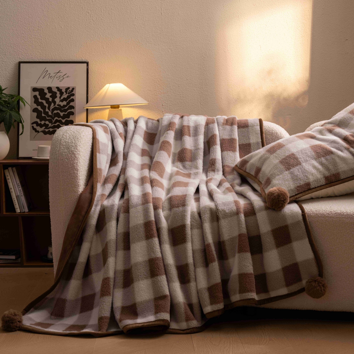 91家纺网 家纺一手货源 找家纺 寐居家纺 2025新款羊圈绒双层复合毛毯毯子 方格-浅咖