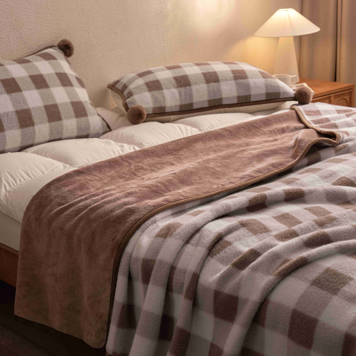 91家纺网 家纺一手货源 找家纺 寐居家纺 2025新款羊圈绒双层复合毛毯毯子 方格-浅咖