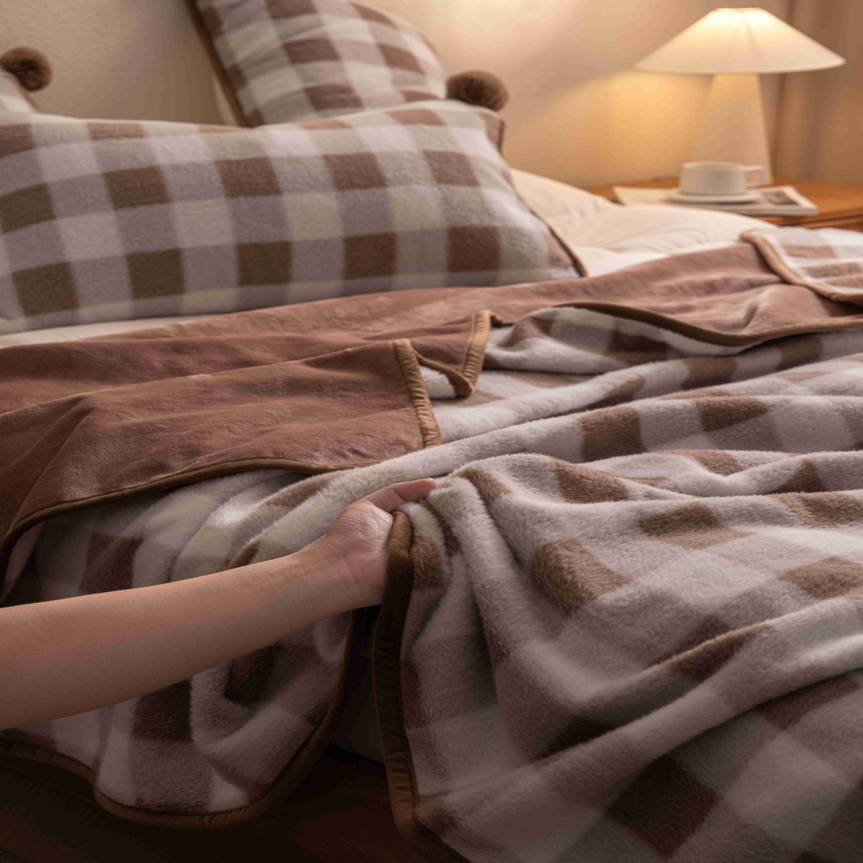 91家纺网 家纺一手货源 找家纺 寐居家纺 2025新款羊圈绒双层复合毛毯毯子 方格-浅咖