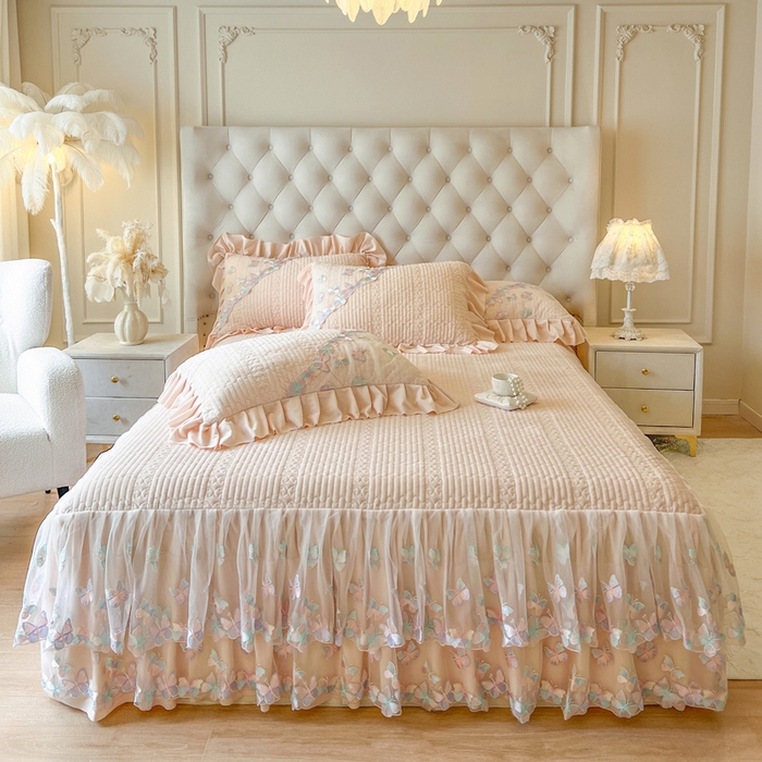 91家纺网 家纺一手货源 找家纺 （总）瑞宝 2025新款宝宝绒重工刺绣花边床裙床裙单件单床裙床裙三件套-梦蝶