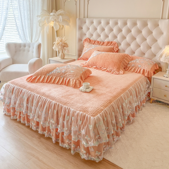 91家纺网 家纺一手货源 找家纺 瑞宝 2025新款宝宝绒重工刺绣花边床裙床裙单件单床裙床裙三件套-梦蝶 梦蝶-艾玛橙