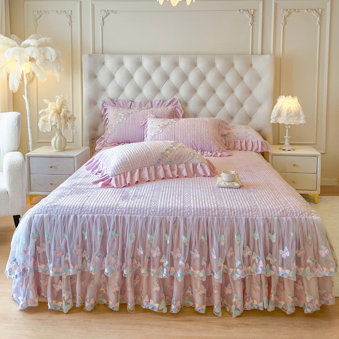 瑞宝 2025新款宝宝绒重工刺绣花边床裙床裙单件单床裙床裙三件套-梦蝶 梦蝶-香芋紫