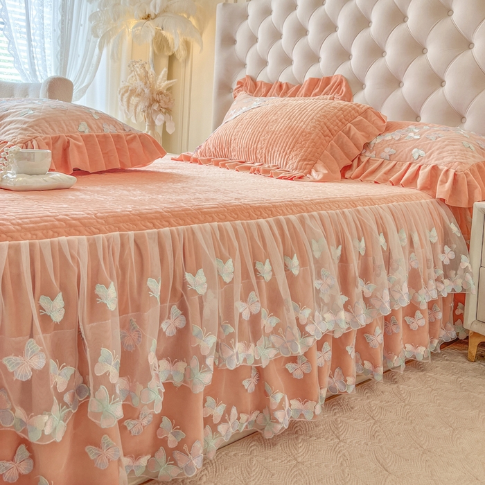 91家纺网 家纺一手货源 找家纺 瑞宝 2025新款宝宝绒重工刺绣花边床裙床裙单件单床裙床裙三件套-梦蝶 梦蝶-艾玛橙