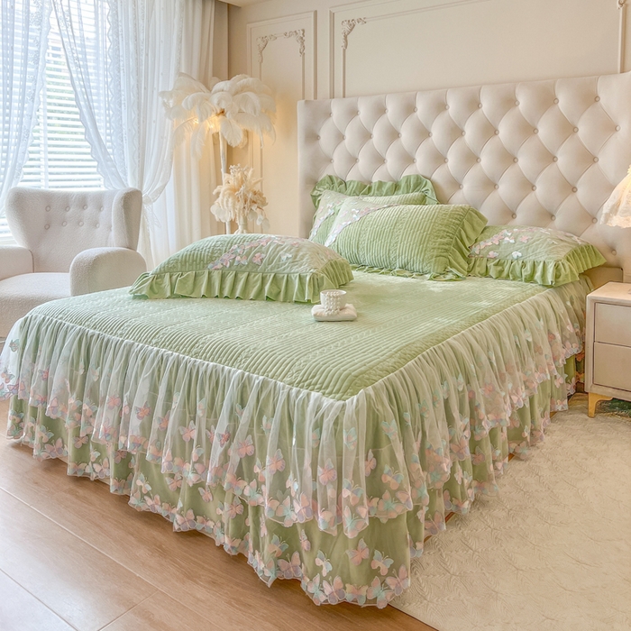 91家纺网 家纺一手货源 找家纺 瑞宝 2025新款宝宝绒重工刺绣花边床裙床裙单件单床裙床裙三件套-梦蝶 梦蝶-豆绿