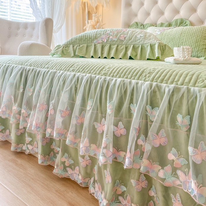 91家纺网 家纺一手货源 找家纺 瑞宝 2025新款宝宝绒重工刺绣花边床裙床裙单件单床裙床裙三件套-梦蝶 梦蝶-豆绿