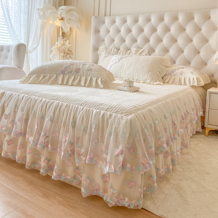 91家纺网 家纺一手货源 找家纺 瑞宝 2025新款宝宝绒重工刺绣花边床裙床裙单件单床裙床裙三件套-梦蝶 梦蝶-奶油米