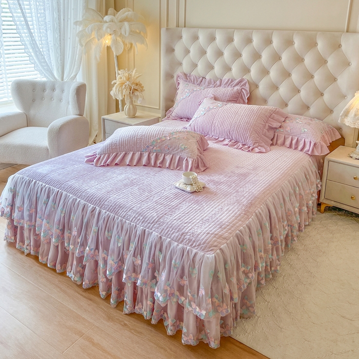 91家纺网 家纺一手货源 找家纺 瑞宝 2025新款宝宝绒重工刺绣花边床裙床裙单件单床裙床裙三件套-梦蝶 梦蝶-香芋紫