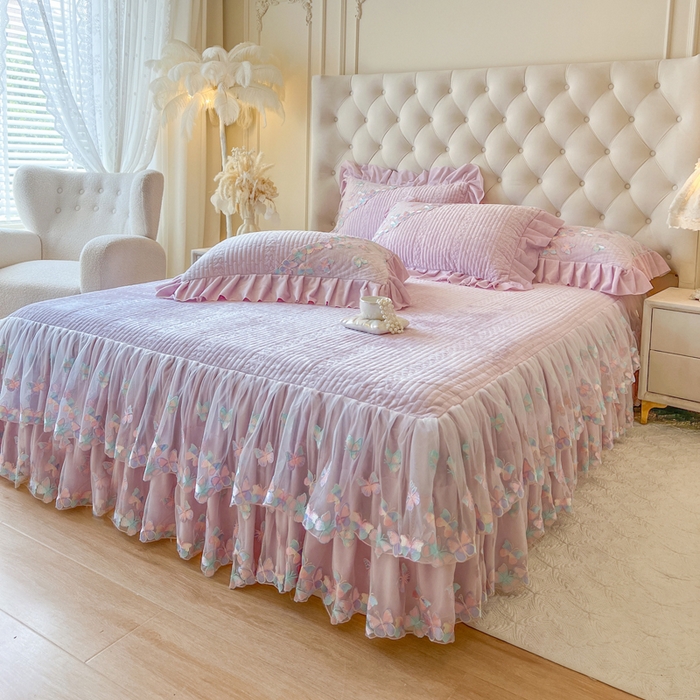 91家纺网 家纺一手货源 找家纺 瑞宝 2025新款宝宝绒重工刺绣花边床裙床裙单件单床裙床裙三件套-梦蝶 梦蝶-香芋紫