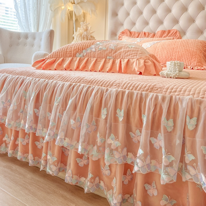 91家纺网 家纺一手货源 找家纺 瑞宝 2025新款宝宝绒重工刺绣花边床裙床裙单件单床裙床裙三件套-梦蝶 梦蝶-艾玛橙