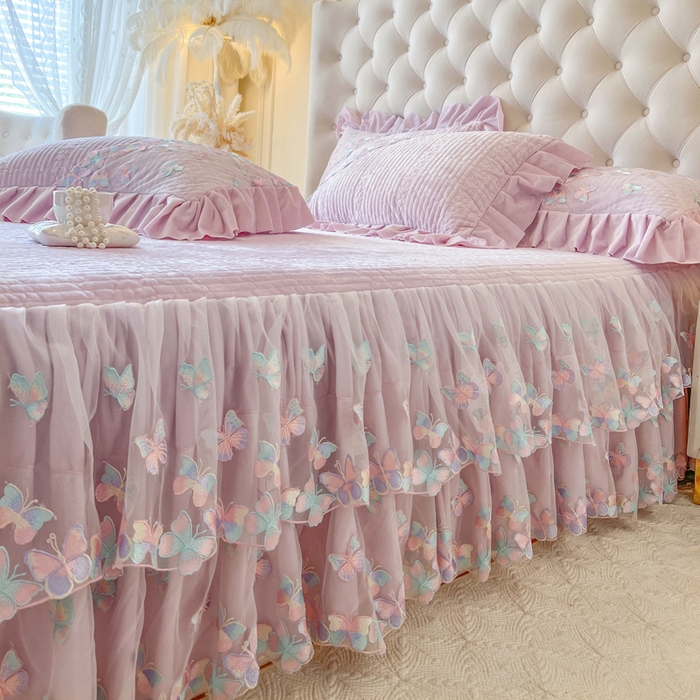 91家纺网 家纺一手货源 找家纺 瑞宝 2025新款宝宝绒重工刺绣花边床裙床裙单件单床裙床裙三件套-梦蝶 梦蝶-香芋紫