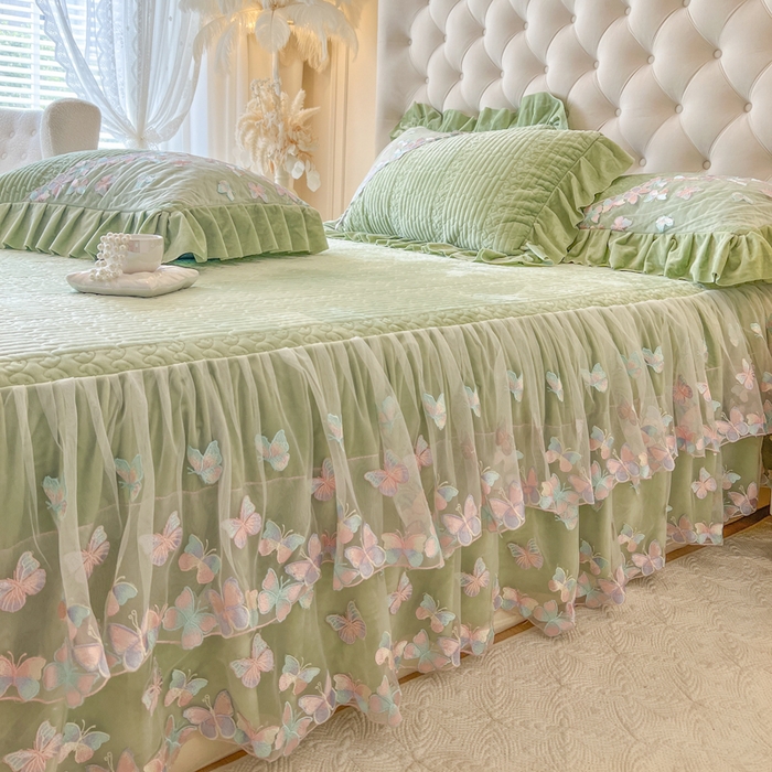 91家纺网 家纺一手货源 找家纺 瑞宝 2025新款宝宝绒重工刺绣花边床裙床裙单件单床裙床裙三件套-梦蝶 梦蝶-豆绿