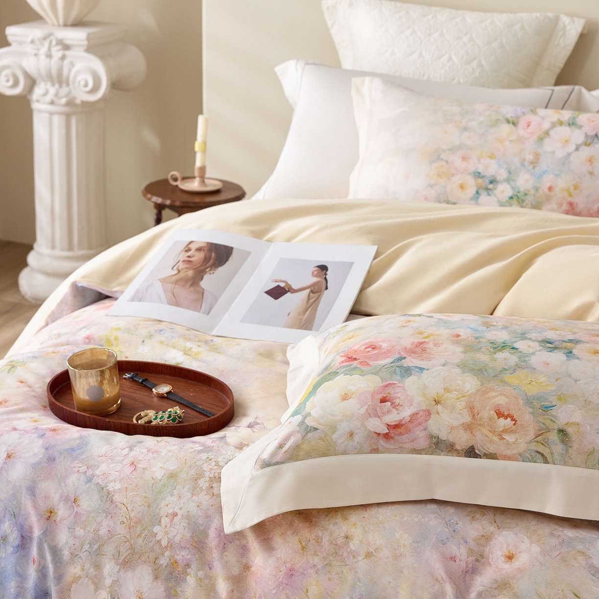 91家纺网 家纺一手货源 找家纺 （总）寐居家纺 2025新款100支全棉纯棉贡缎磨毛数码印花工艺款四件套-花涧谣