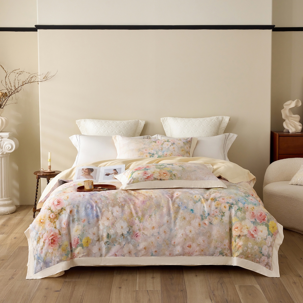 91家纺网 家纺一手货源 找家纺 （总）寐居家纺 2025新款100支全棉纯棉贡缎磨毛数码印花工艺款四件套-花涧谣