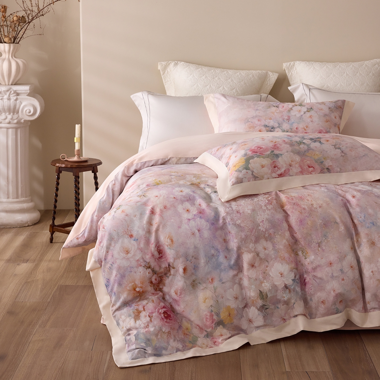 91家纺网 家纺一手货源 找家纺 寐居家纺 2025新款100支全棉纯棉贡缎磨毛数码印花工艺款四件套-花涧谣 花涧谣-柔粉