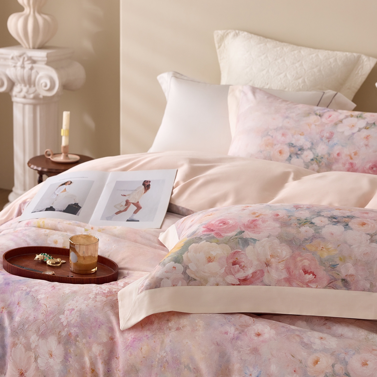 91家纺网 家纺一手货源 找家纺 寐居家纺 2025新款100支全棉纯棉贡缎磨毛数码印花工艺款四件套-花涧谣 花涧谣-柔粉