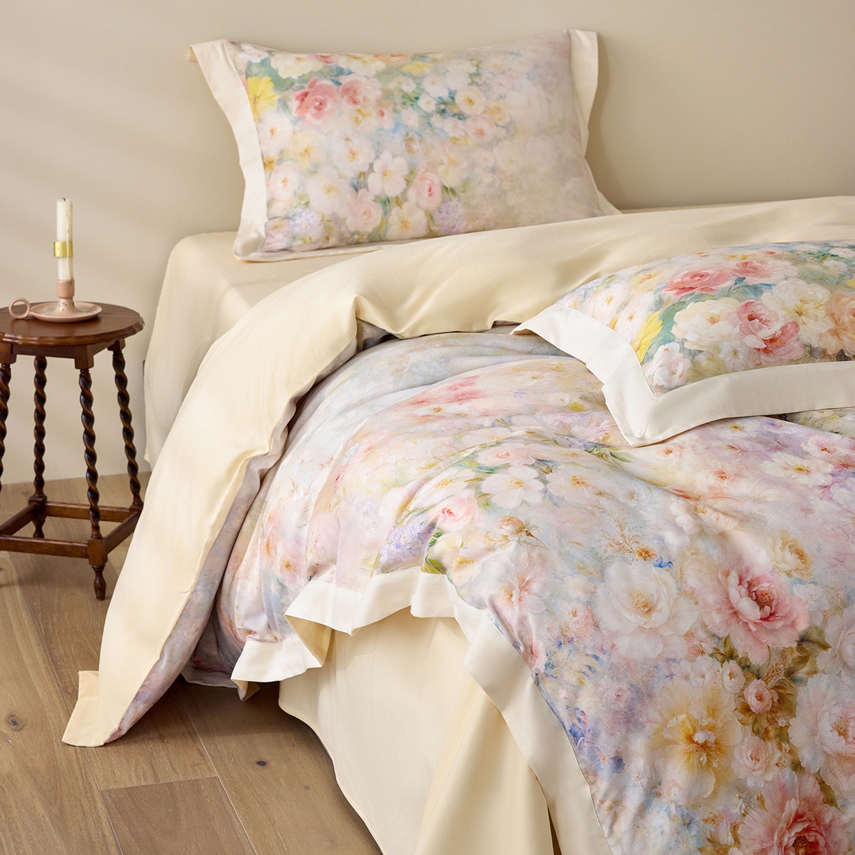 91家纺网 家纺一手货源 找家纺 寐居家纺 2025新款100支全棉纯棉贡缎磨毛数码印花工艺款四件套-花涧谣 花涧谣-米黄