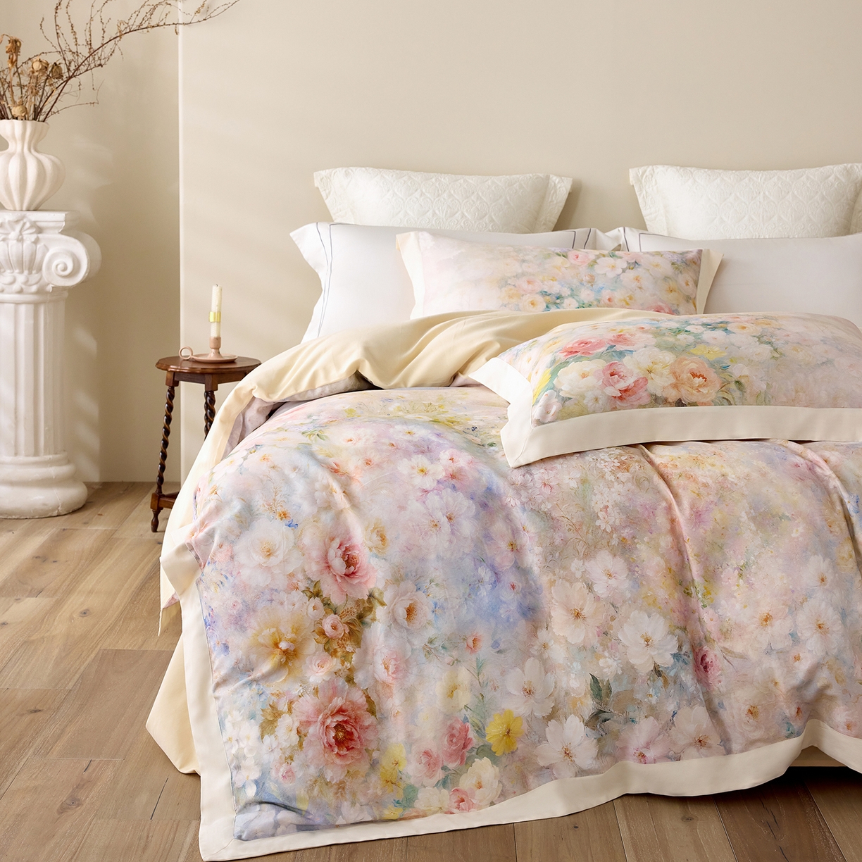 91家纺网 家纺一手货源 找家纺 寐居家纺 2025新款100支全棉纯棉贡缎磨毛数码印花工艺款四件套-花涧谣 花涧谣-米黄