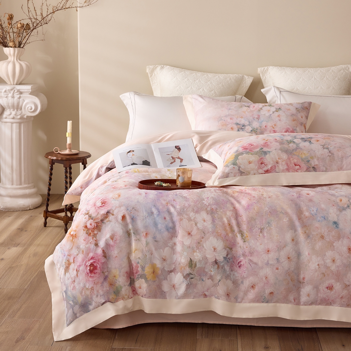 寐居家纺 2025新款100支全棉纯棉贡缎磨毛数码印花工艺款四件套-花涧谣 花涧谣-柔粉