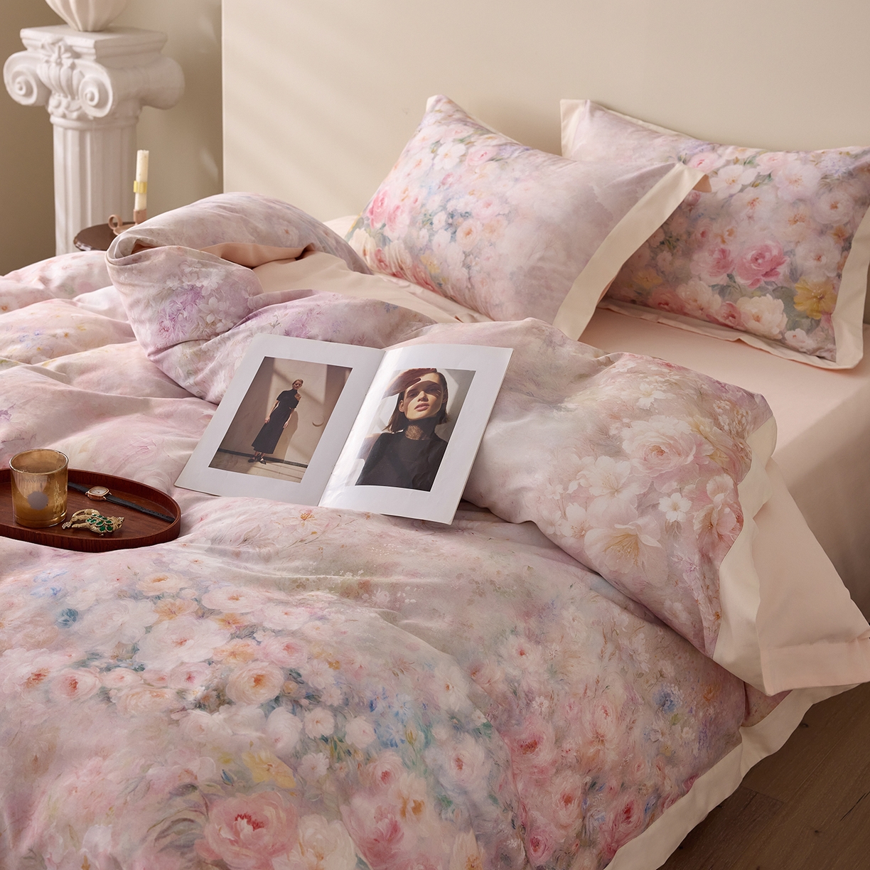 91家纺网 家纺一手货源 找家纺 寐居家纺 2025新款100支全棉纯棉贡缎磨毛数码印花工艺款四件套-花涧谣 花涧谣-柔粉