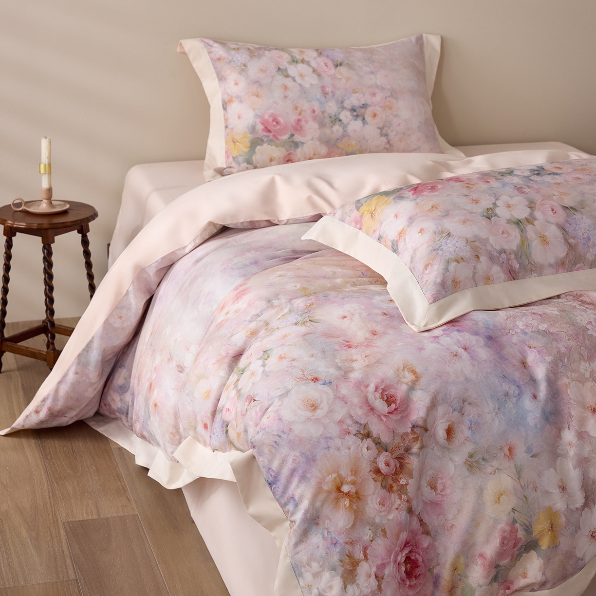 91家纺网 家纺一手货源 找家纺 寐居家纺 2025新款100支全棉纯棉贡缎磨毛数码印花工艺款四件套-花涧谣 花涧谣-柔粉