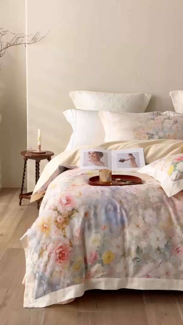 91家纺网 家纺一手货源 找家纺 （总）寐居家纺 2025新款100支全棉纯棉贡缎磨毛数码印花工艺款四件套-花涧谣