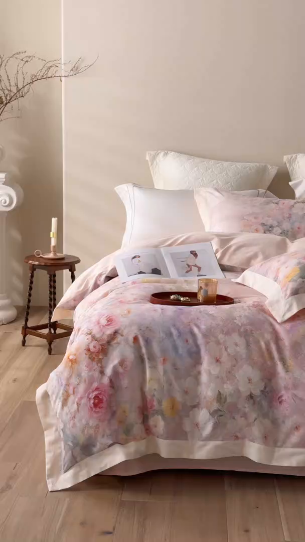 91家纺网 家纺一手货源 找家纺 寐居家纺 2025新款100支全棉纯棉贡缎磨毛数码印花工艺款四件套-花涧谣 花涧谣-柔粉