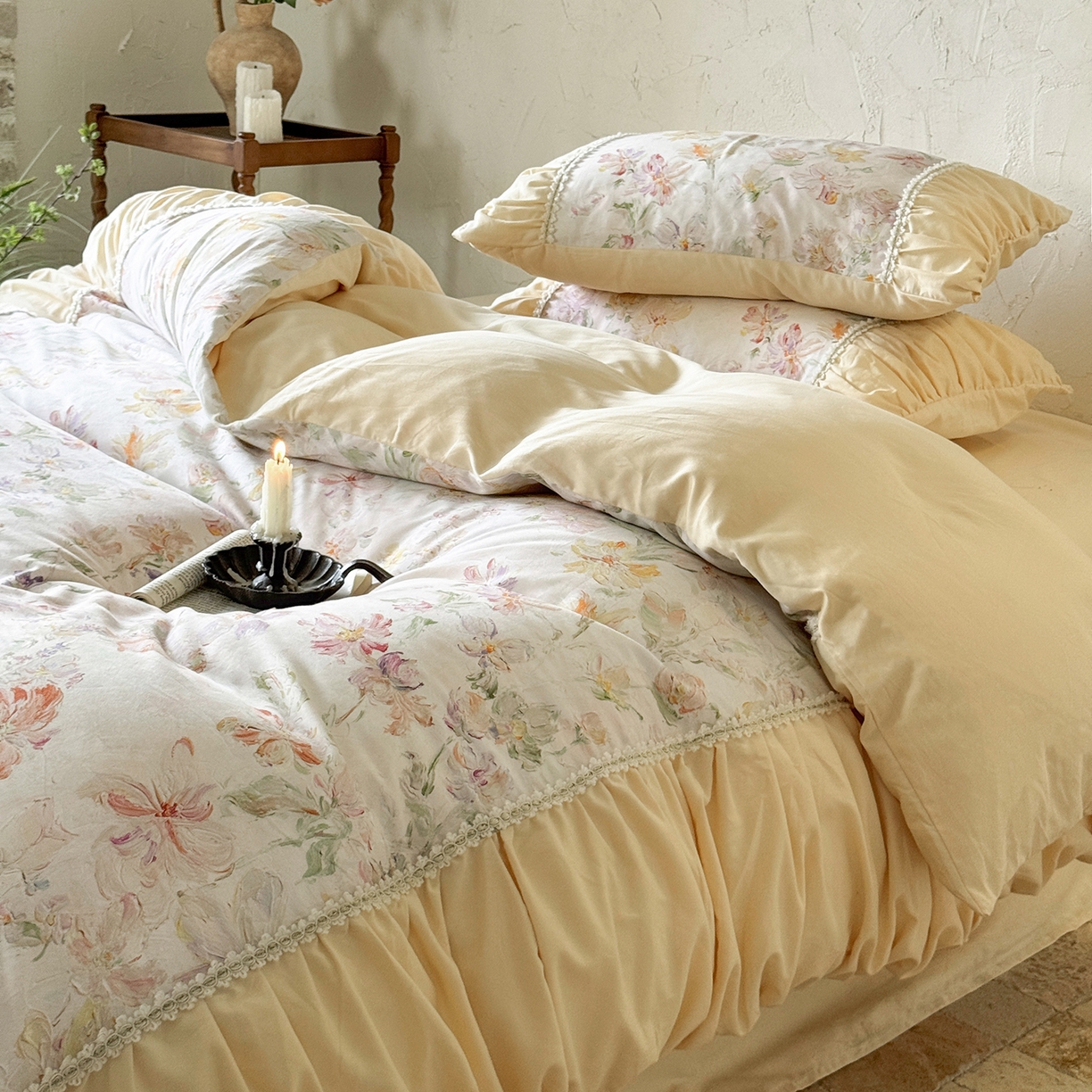 91家纺网 家纺一手货源 找家纺 寐居家纺 2025新款100支长绒棉纯棉磨毛四件套-蔓纱 蔓纱-米黄